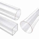 Three clear acrylic tubes on white: a round length, a square-section length and a wider round offcut