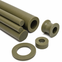 Khaki-green nylon bars, a thick-walled tube, a flanged bush and two rings, studio shot on white