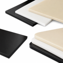 Four-panel studio grid of black, white and beige polypropylene sheets, square sawn edges to the front