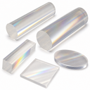 Clear acrylic cylinders, a half-round bar, a square sheet and an oval disc with rainbow sheen