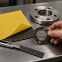 Hand holding a self-adhesive rubber gasket ring beside a yellow-backed sheet, cut strip, knife and steel flange