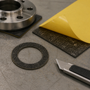 Steel flange bedded on a rubber pad, sheet with yellow liner peeled, gasket ring and knife on a steel bench