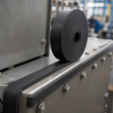 Roll of black rubber strip sat on a riveted stainless housing, strip lapped over the rounded edge