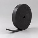 Upright coil of black rubber strip, layered edge on show and the loose end curling to the left