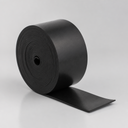 Wide coil of black rubber strip on a grey background with the loose end fanned out flat in front