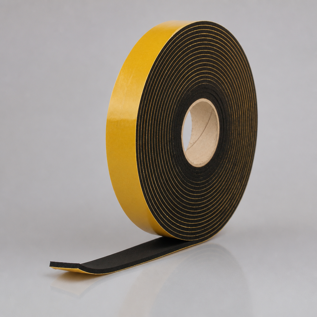 Roll of black cellular sponge strip stood upright, yellow backing paper facing left and flat cut tail