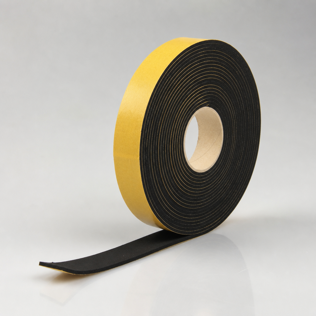 Coiled black sponge rubber strip with a yellow adhesive face, small core and a soft tail curving forward
