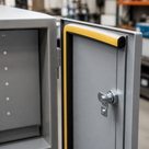 Grey cabinet door with a deep black sponge rubber seal and yellow adhesive liner running round the edge