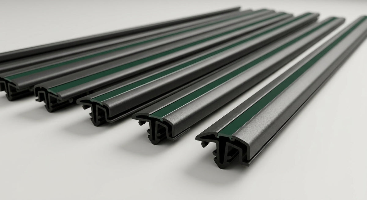 Five black side mouldings with green insert stripes laid out, studio shot