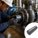 Engineer fitting a grey PVC sleeve into a flanged pump body, round inset of a plain grey rod
