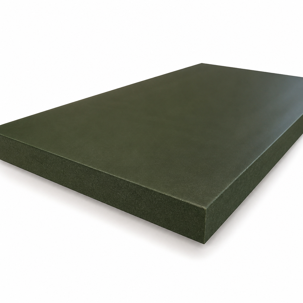 Thick dark green sheet angled on a white background, matt face and square-cut edges