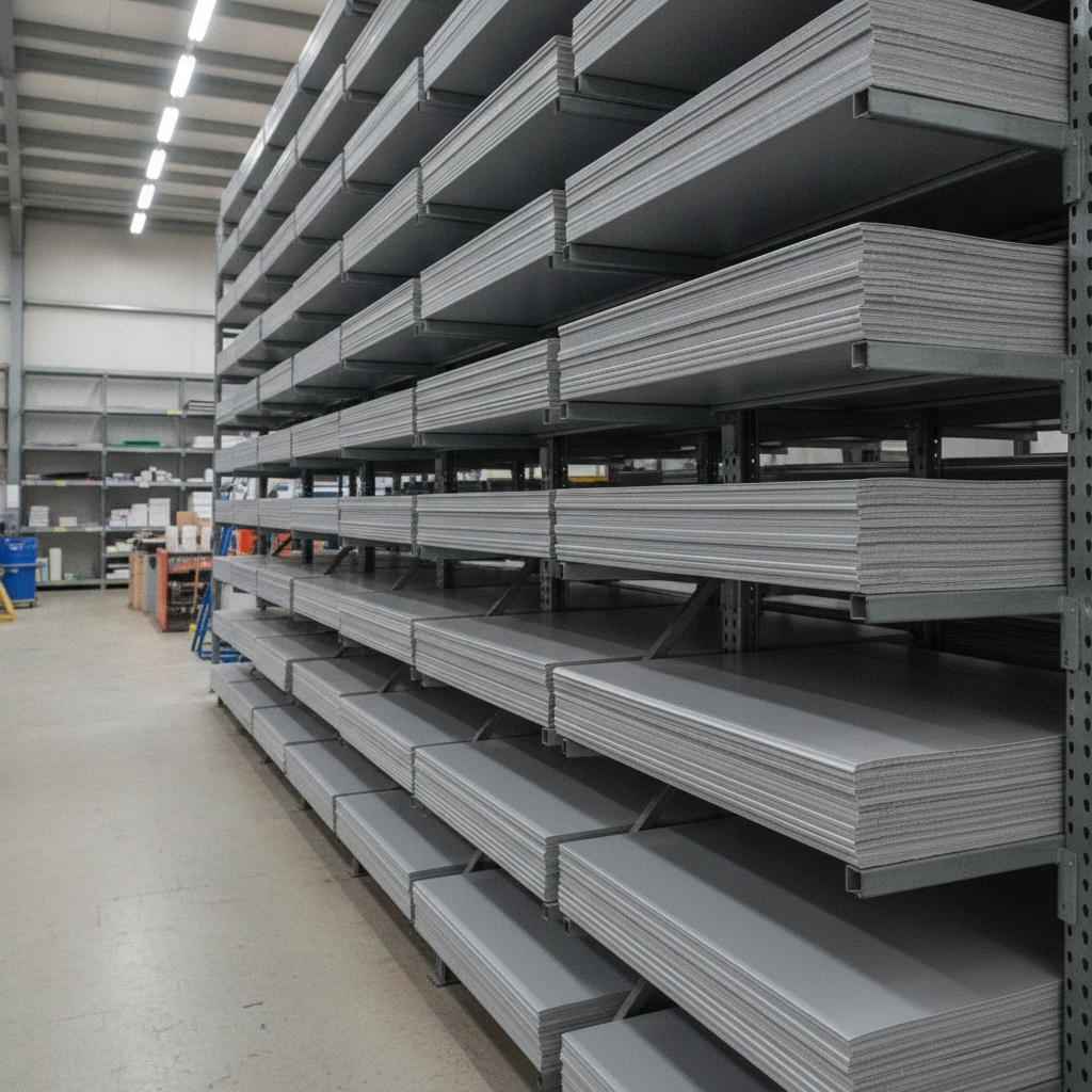 Grey PVC sheets stacked in warehouse showing range of sizes and thicknesses