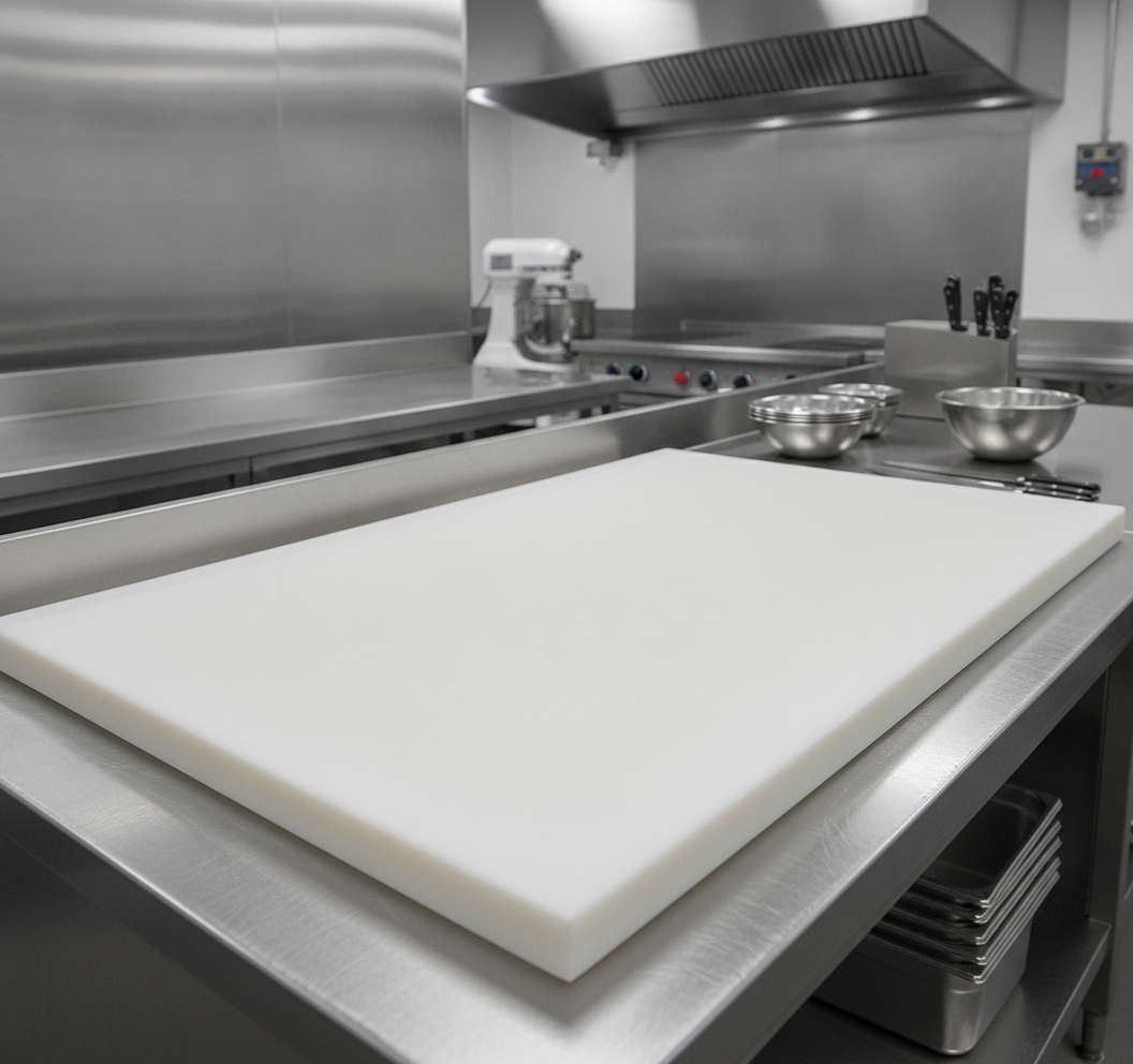 HDPE Natural sheet food-safe cutting board surface in UK commercial kitchen food processing facility