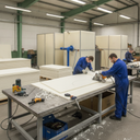 Worker circular-sawing a large white polypropylene sheet on a steel bench, stacked sheets and tanks behind