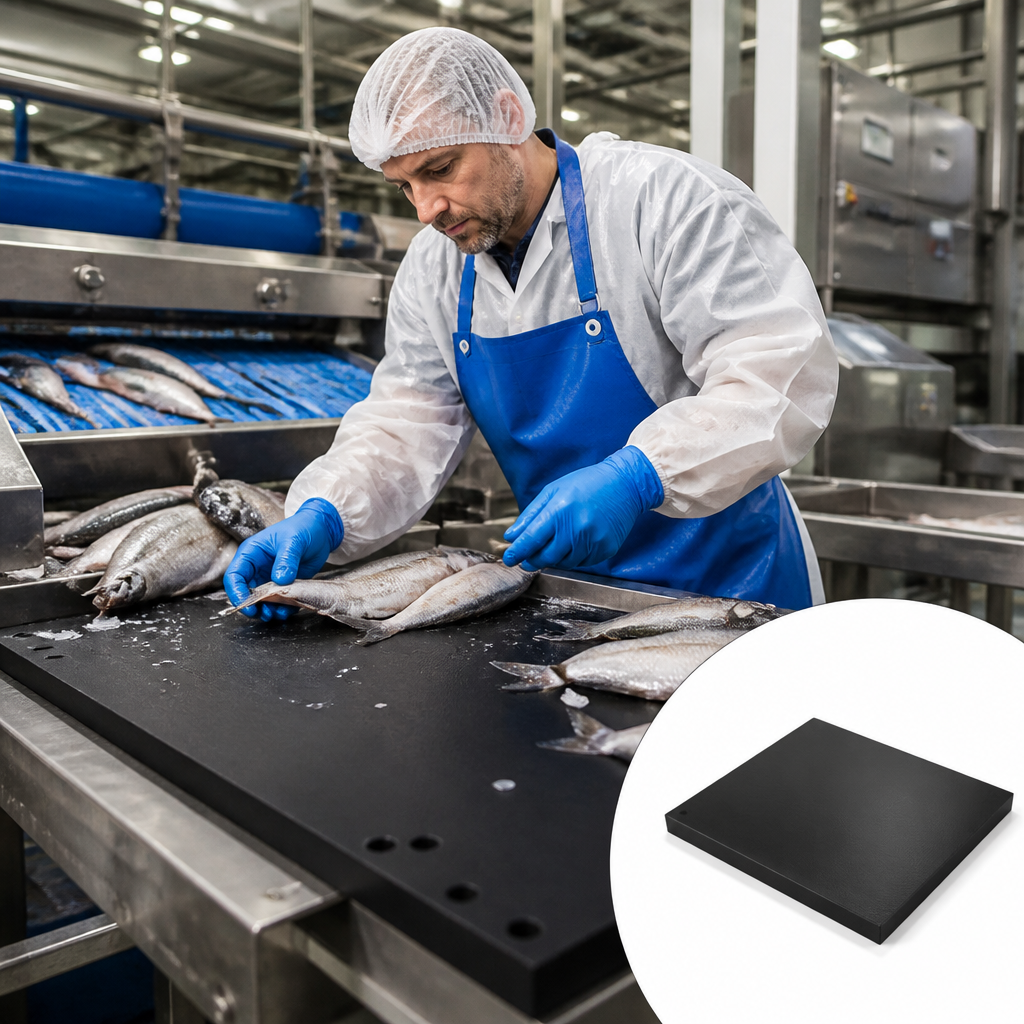 Worker preparing fish on a black cutting board on a stainless line, inset black sheet