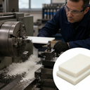 Machinist turning a cream nylon plate in a lathe chuck with swarf on the bed, inset two sheets