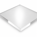 Square clear acrylic sheet angled on white, protective film still covering the face, polished edges exposed.
