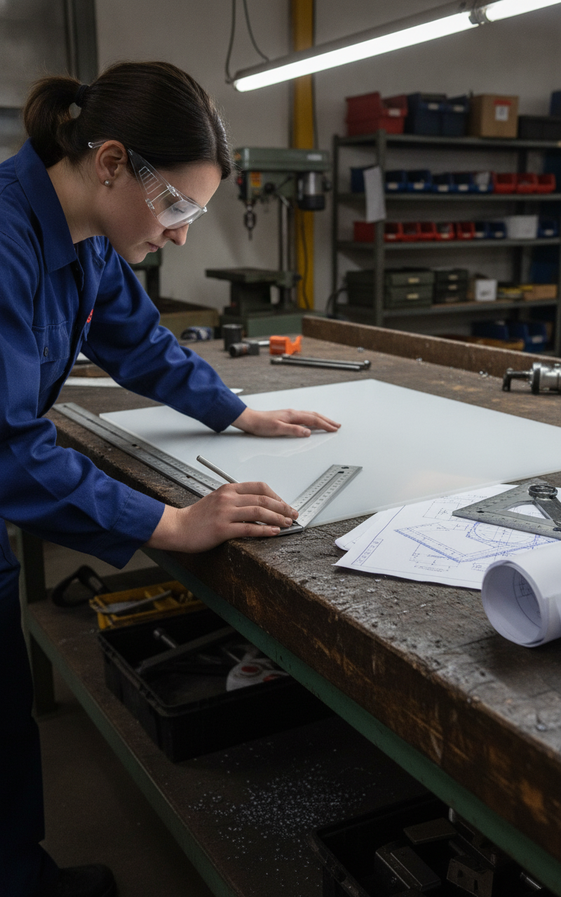 HDPE Sheet being measured and cut in professional engineering workshop UK