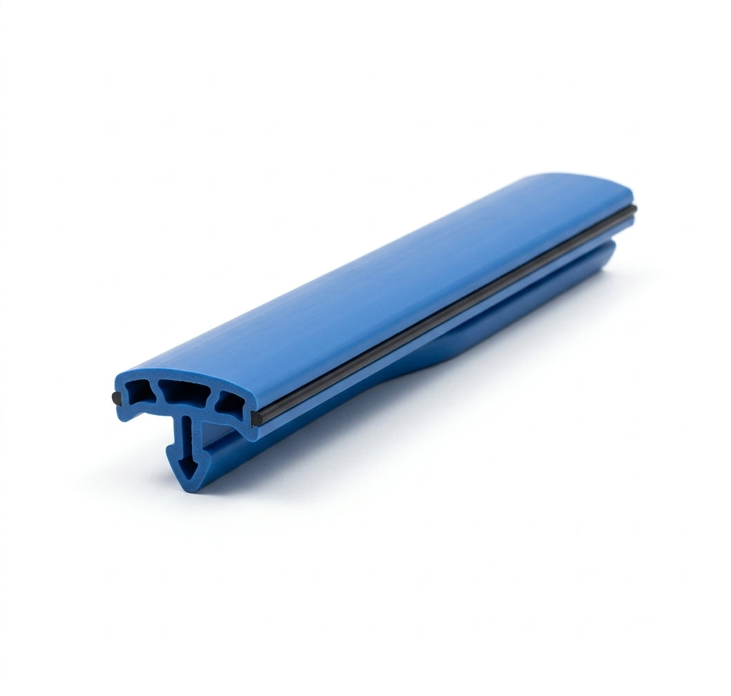 Blue bumper trim profile, angled view with dark centre insert, white background