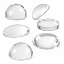 Six clear acrylic half domes and lens-shaped discs of differing sizes on a plain white studio background.