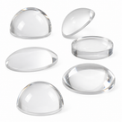 Six clear acrylic half domes and lens-shaped discs of differing sizes on a plain white studio background.