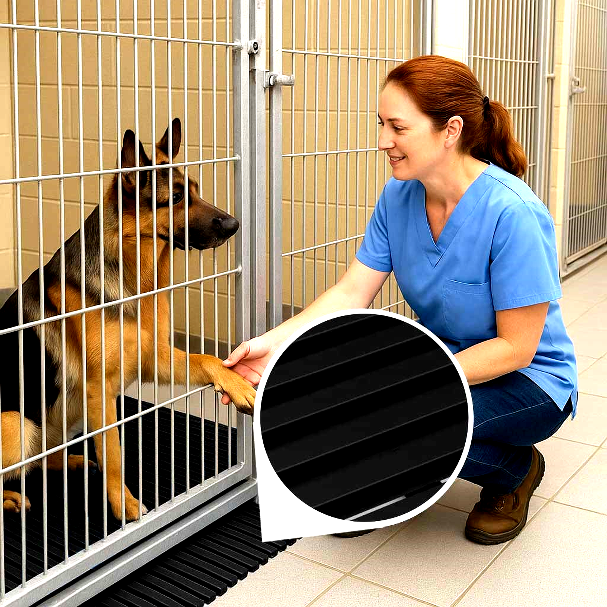 A German Shepherd giving a paw shake to a vet or caretaker through the cage door. The dog is sitting on black HVD Cushioned Animal Cage Matting, which provides hygienic and comfortable flooring for the kennel. The inset shows a close-up of the mat's black slatted surface.