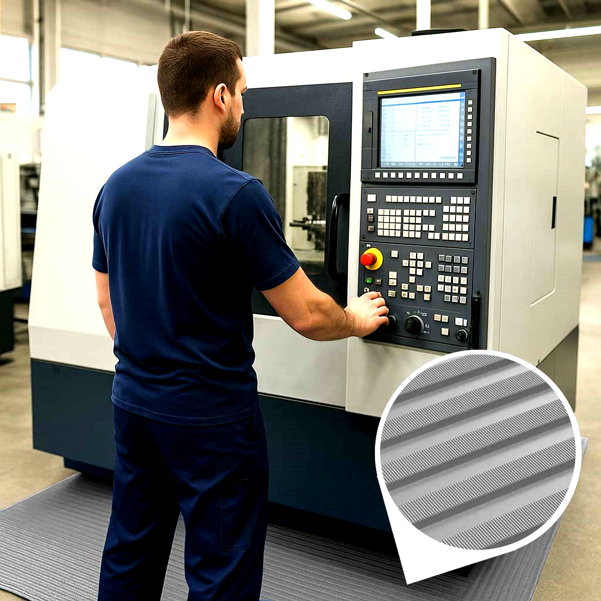 A factory worker operates a large CNC machine while standing on grey electrical insulation matting. This non-slip rubber safety mat provides durable and oil-resistant high voltage protection for industrial workspaces and machinery.