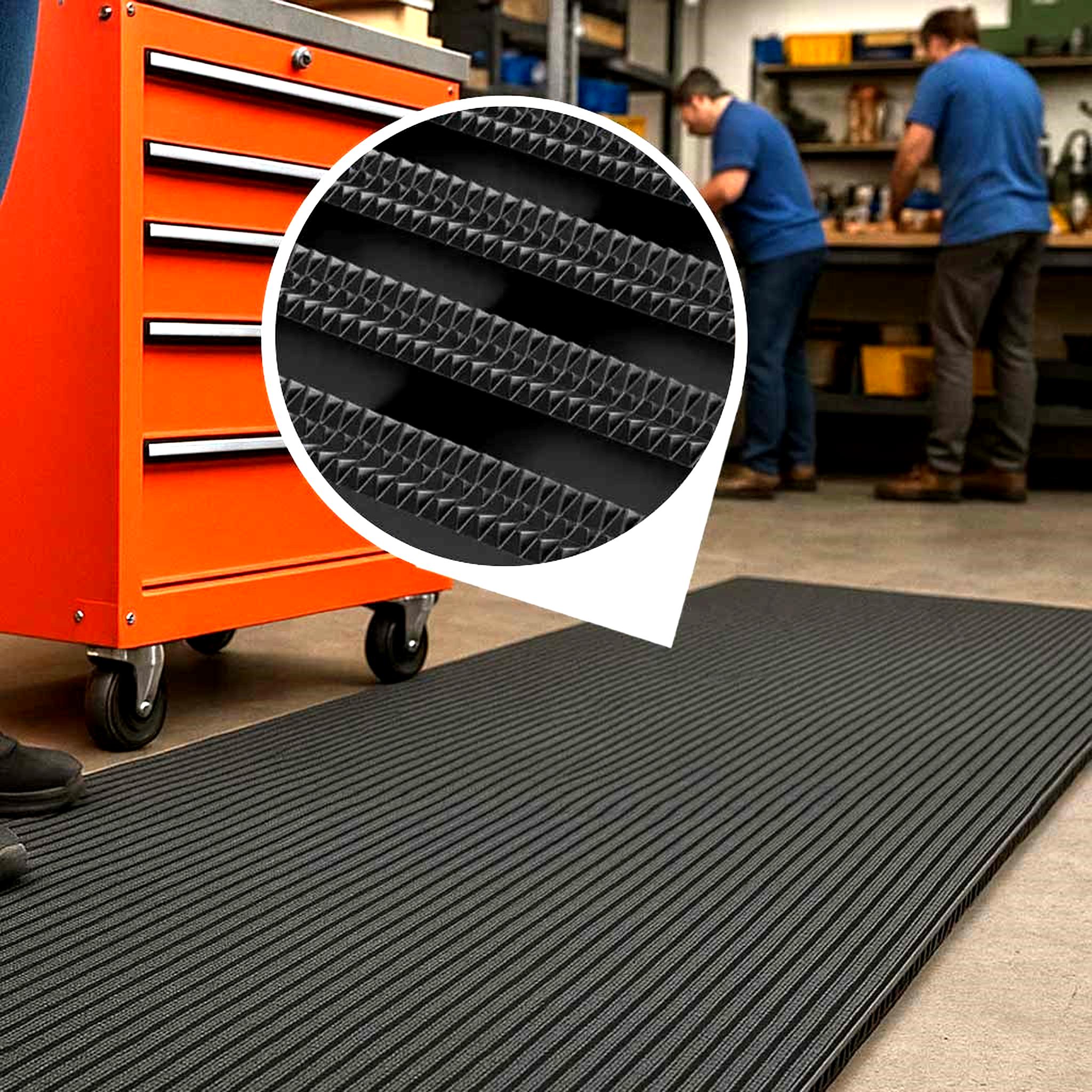 A heavy-duty industrial matting roll in black with ribbed texture laid on a garage or workshop floor next to an orange tool chest. In the background, two men are working at a workbench. An inset circle provides a magnified view of the mat's high-traction, non-slip surface, featuring diamond-patterned ribs. This UV-resistant floor mat is suitable for wet areas, industrial, and outdoor use.