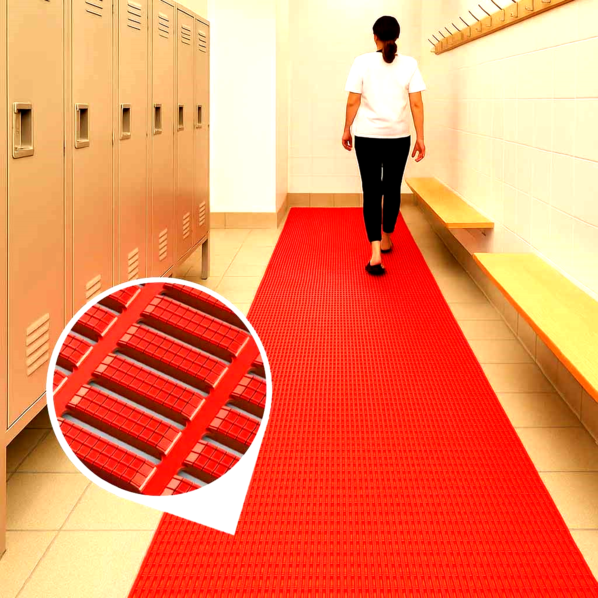 A long runner of red Lightweight Non-Slip Matting installed in a locker room with metal lockers and benches. The mat provides anti-fatigue, hygienic flooring with excellent drainage in this wet area. The circular inset shows a close-up of the mat's textured, open-grid surface.
