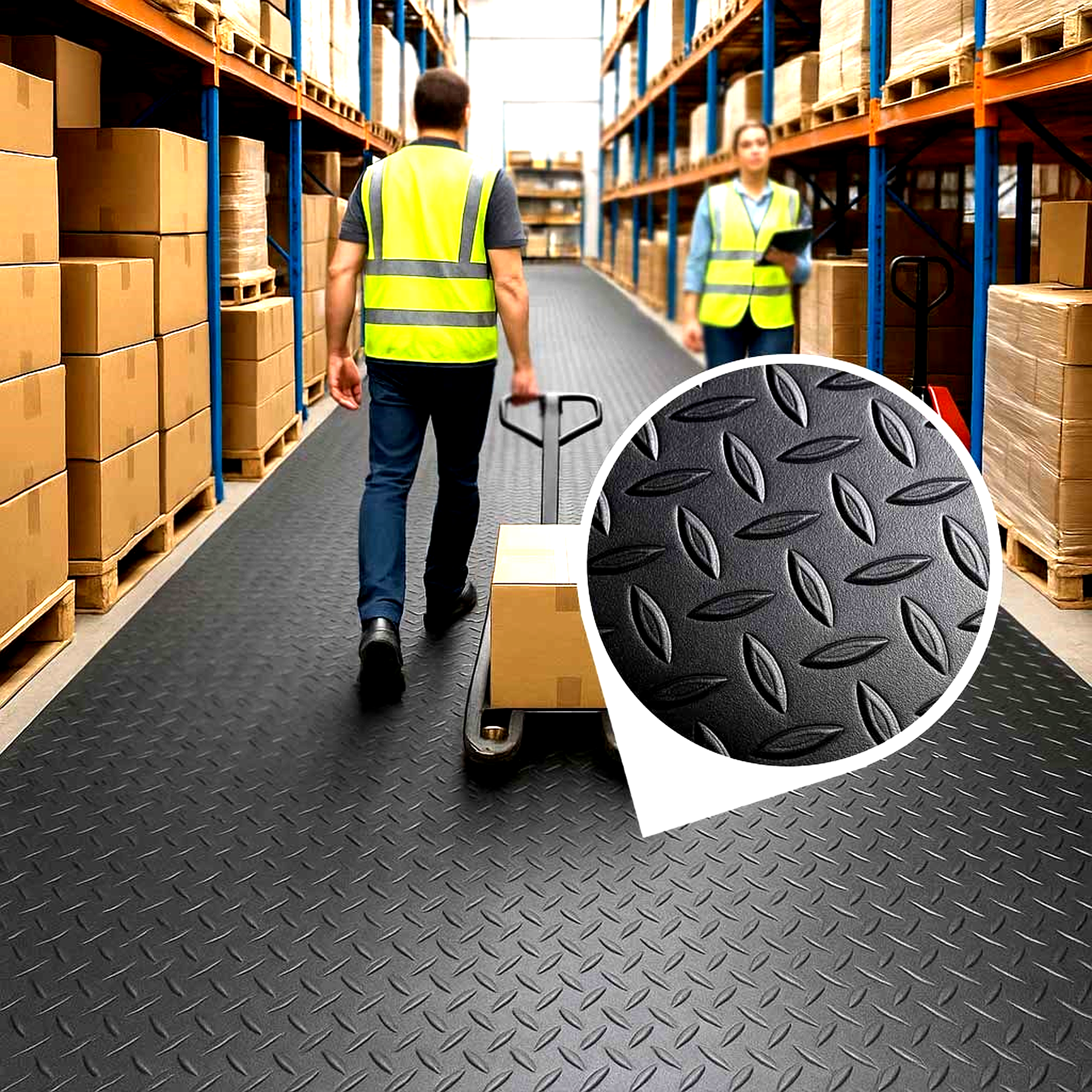 
Alt Text for Image
Anti-Fatigue Mat – Slip-Resistant, PVC Foam Matting for Wet & Dry Areas – Comfort & Safety for Workspaces & Decks

Two warehouse workers in safety vests are in a long aisle lined with high shelving units stacked with boxes. The floor is covered with black anti-fatigue matting that features a diamond-plate pattern. One worker is pushing a hand truck with a package down the aisle. A circular inset clearly magnifies the slip-resistant surface, showing the repeating diamond-plate or checker-