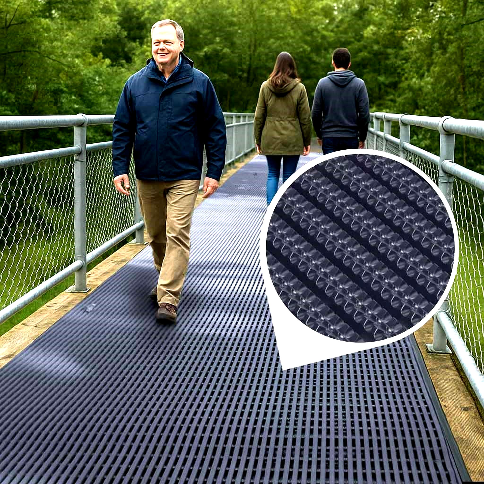 Anti-Fatigue Anti-Slip Wet Area Mat made of Heavy Duty Rubber. Slip-Resistant Comfort Flooring shown with three people walking on it across an outdoor metal bridge pathway.