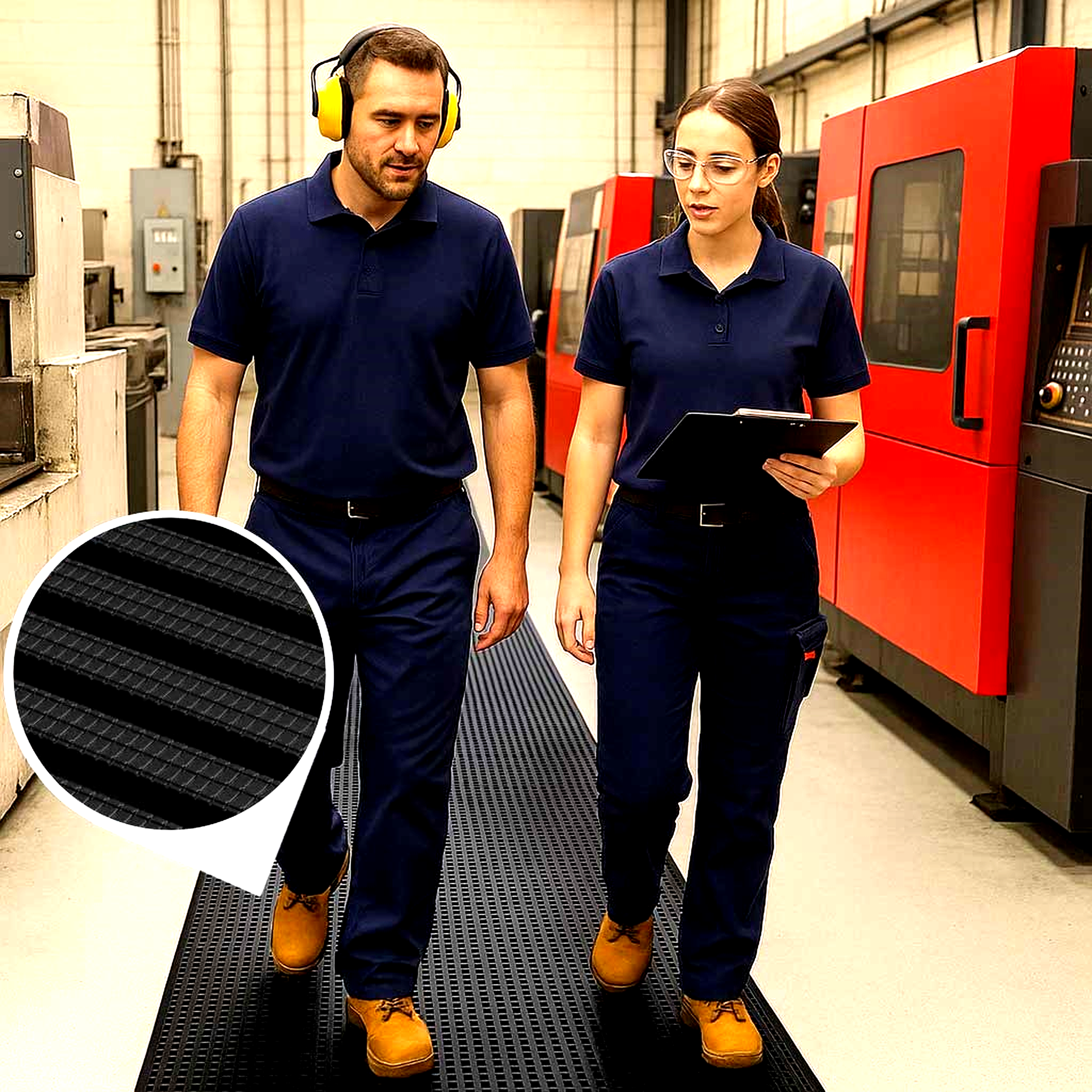 Anti Fatigue Workplace Mat providing long-runner slip resistant comfort flooring in a manufacturing or workshop aisle. The durable black rubber mat supports employee comfort while walking between large machines.