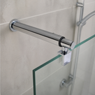 Round chrome bar angled from a beige tiled wall to a glass screen, shower riser rail and hose beyond.