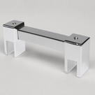 Square chrome support bar photographed alone on grey, both U-shaped glass clamps open and empty.