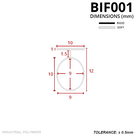 Profile drawing in mm: wide 10mm T-head, 12mm overall, hollow round loop 10mm by 9mm; rigid and soft key