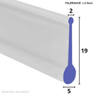 Clear seal with a blue profile outline overlaid: 2mm bead, 19mm tall, 5mm bulb at the foot