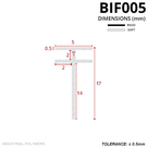 Profile drawing in mm: 5mm T-head, 2mm side flange, 14mm blade, 17mm overall; rigid and soft key