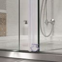 Clear seal with a lilac cap, fitted vertically along a glass shower door frame.