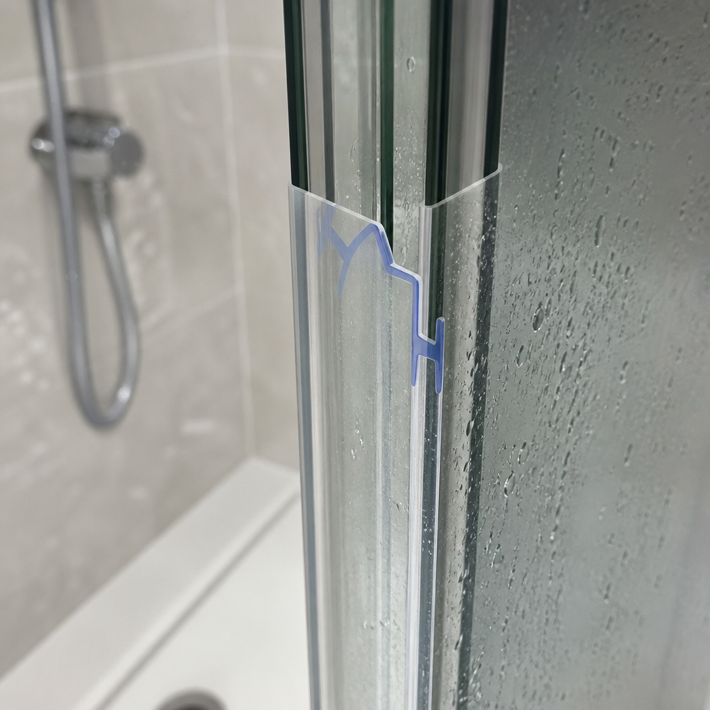 Blue-outlined zigzag seal fitted at a bifold door upright, shower head visible behind.