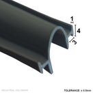 Close photo of the black arched upright seal with 1mm, 3mm and 4mm callouts overlaid and tolerance ±0.5mm printed