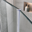 Lilac plain T-seal fitted at the top glass edge, soap dispensers on the shelf behind.