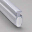 Clear T-top seal with an off-centre oval hollow pocket, diagonal studio shot on grey.