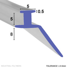 Clear seal with a blue profile outline overlaid, 5mm head, 5mm stem and 8mm angled blade marked in mm