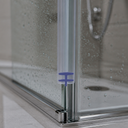 Clear T-seal highlighted in blue, fitted to the hinge edge of a wet bifold shower door.