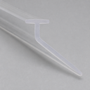 Clear T-profile seal with a slim blade, angled view on a plain grey studio background.