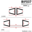 Drawing in mm, closed and open: two 10mm channels 6mm deep, 28mm closed, 52mm open with a 34mm soft web