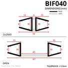 Drawing in mm, closed and open: 13mm channels 10mm deep, 32mm closed, 67mm open with a 40mm soft web
