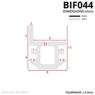 Scale drawing in mm: 11mm tall chair profile, 8mm seat, 9mm barbed foot 6mm deep; rigid and soft key