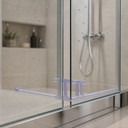 Clear tube seal with a blue-tinted cap, fitted along a glass shower door frame edge.