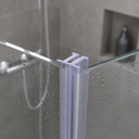 Lilac-tinted twin-slot bracket seal fitted where two glass panels meet on a chrome frame.